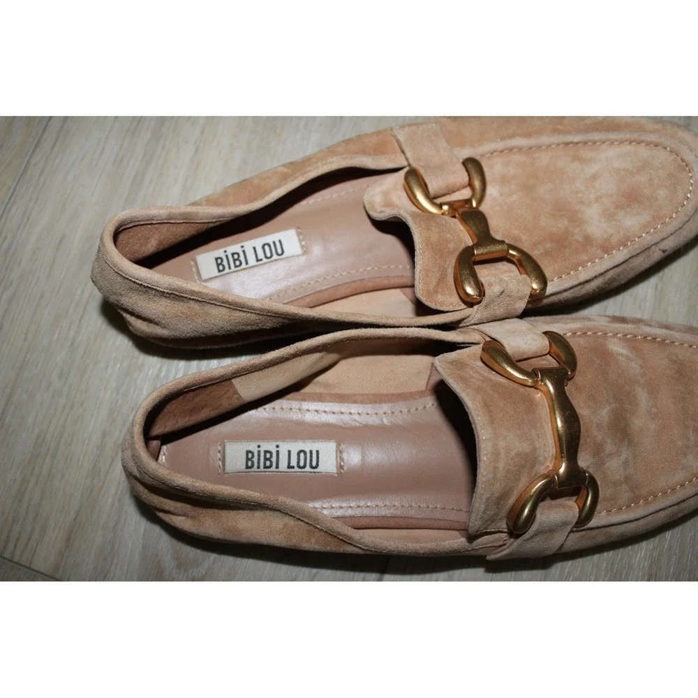 Bibi Lou Tan Soft Suede Horsebit Loafers Gold Hardware Size 39‎ Anthropologie